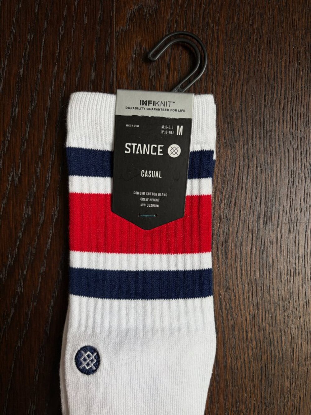 NWT Stance Men's Boyd Stripe Crew Socks (White w/ Blue & Red) - Medium - Picture 2 of 5